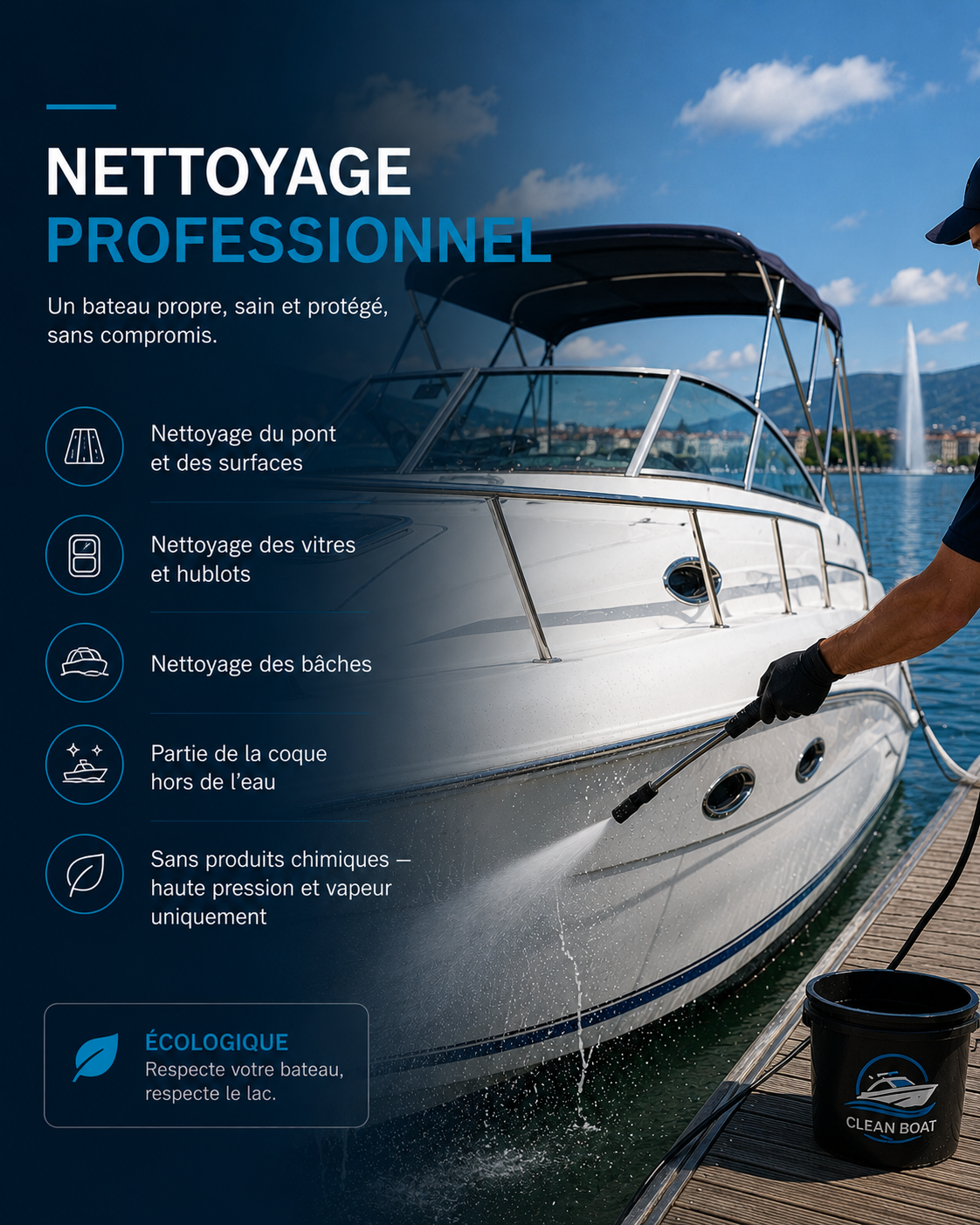 Affiche promotionnelle pour un nettoyage professionnel de bateau, illustré par un bateau à quai sous un ciel bleu, avec texte et icônes décrivant les services de nettoyage écologiques.