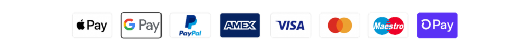 Logos de différentes méthodes de paiement, incluant Apple Pay, Google Pay, PayPal, American Express, Visa, MasterCard, Maestro, et O Pay.