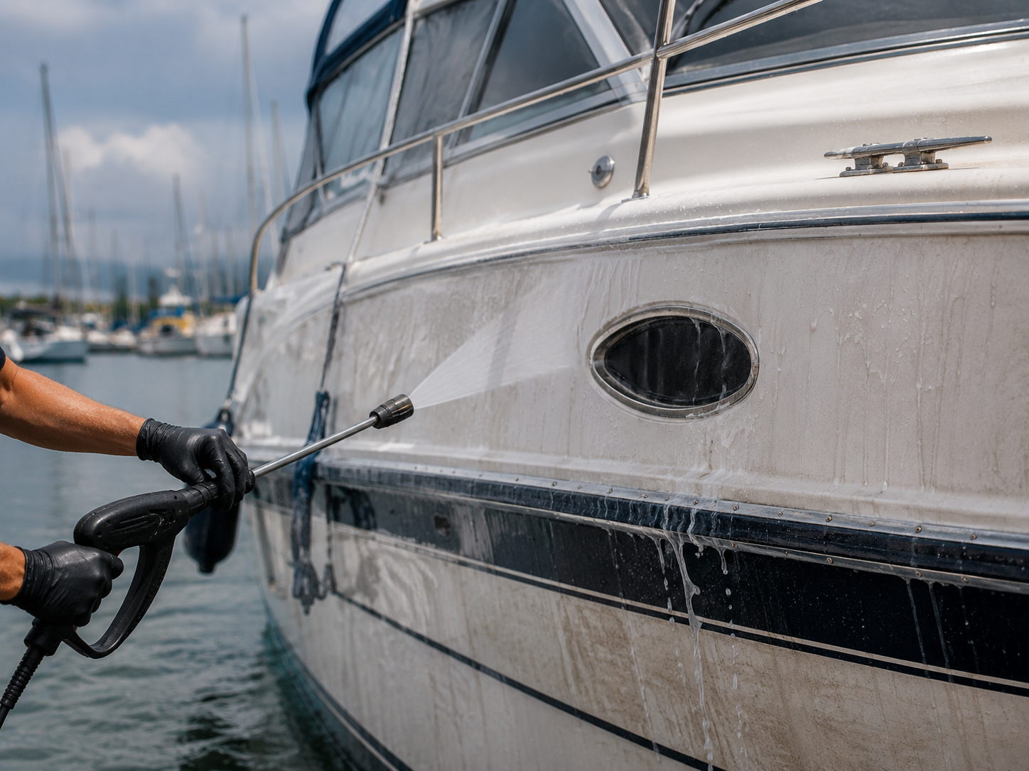 Une personne nettoie la coque d'un bateau avec un nettoyeur à haute pression dans un port avec d'autres bateaux en arrière-plan.