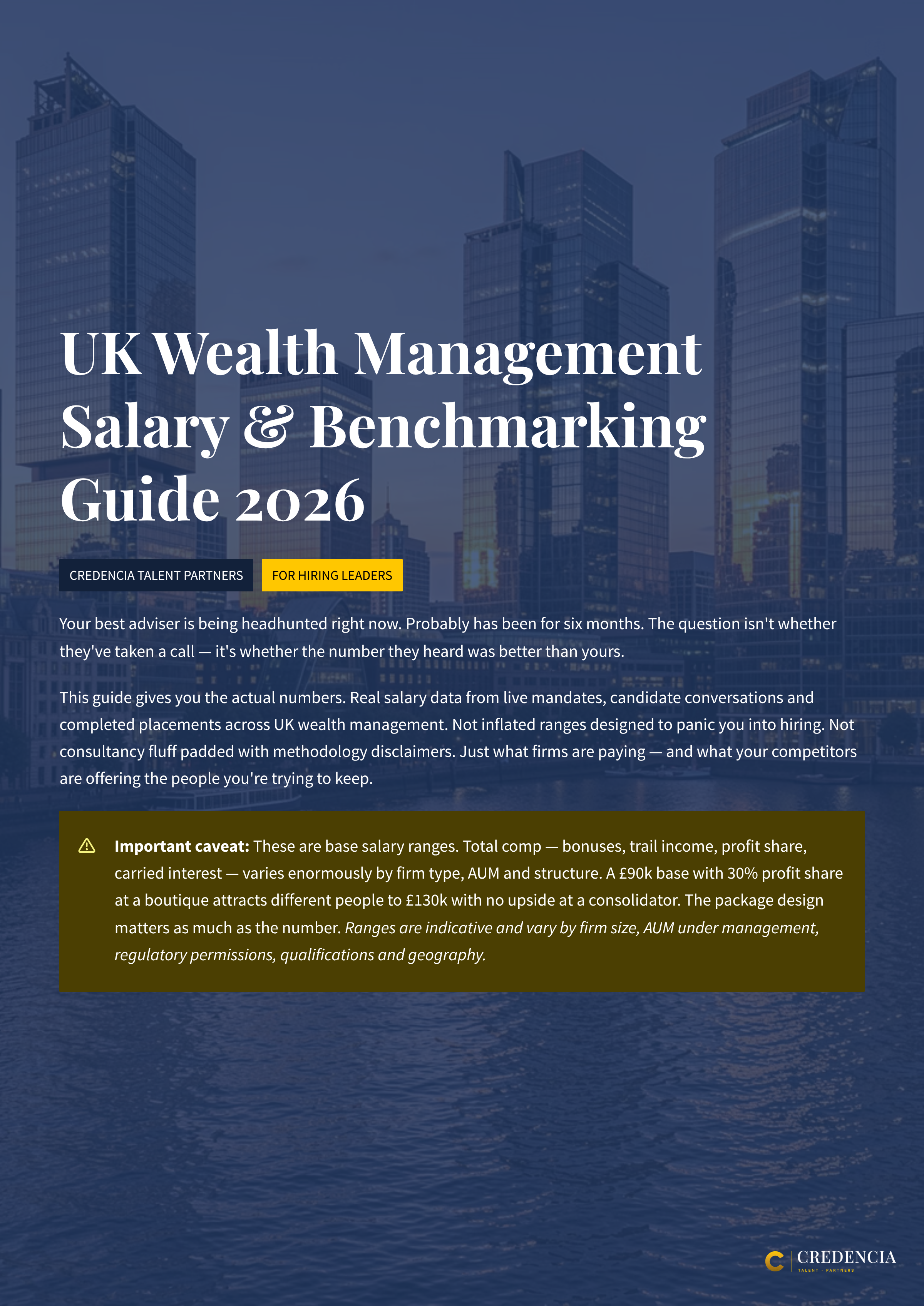 Cover page of a guide titled 'UK Wealth Management Salary & Benchmarking Guide 2026' with a background image of an urban city skyline featuring tall glass buildings. The bottom right corner has the Credencia logo and slogan.
