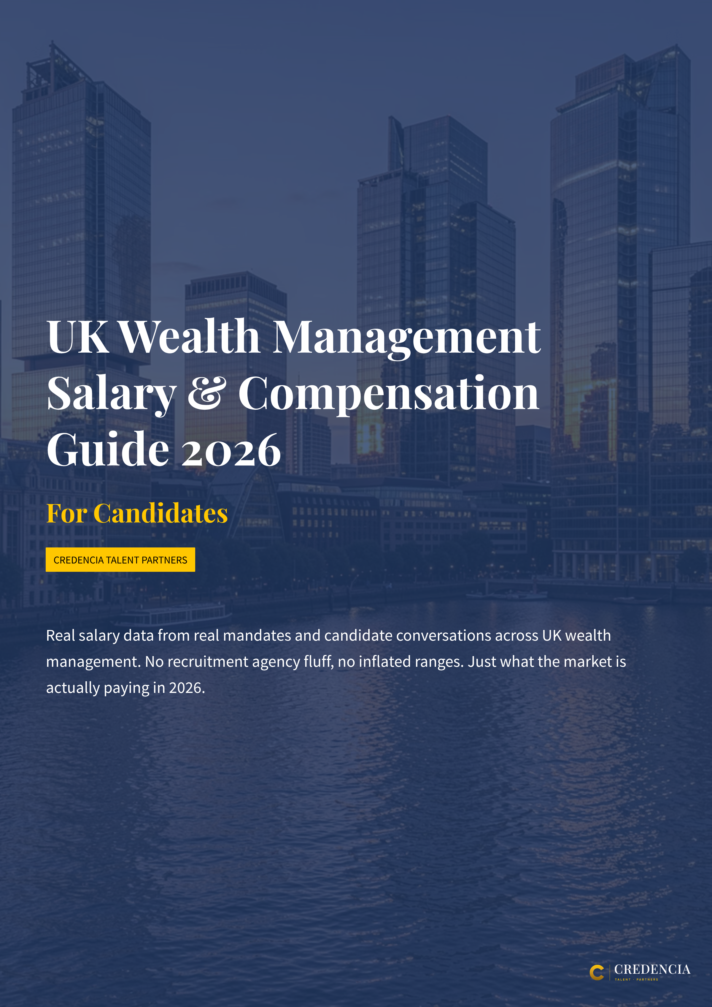 Cover page of a guide titled 'UK Wealth Management Salary & Compensation Guide 2026' with a background image of modern glass skyscrapers reflected in water, and includes text mentions of real salary data and candidate conversations across UK wealth management.