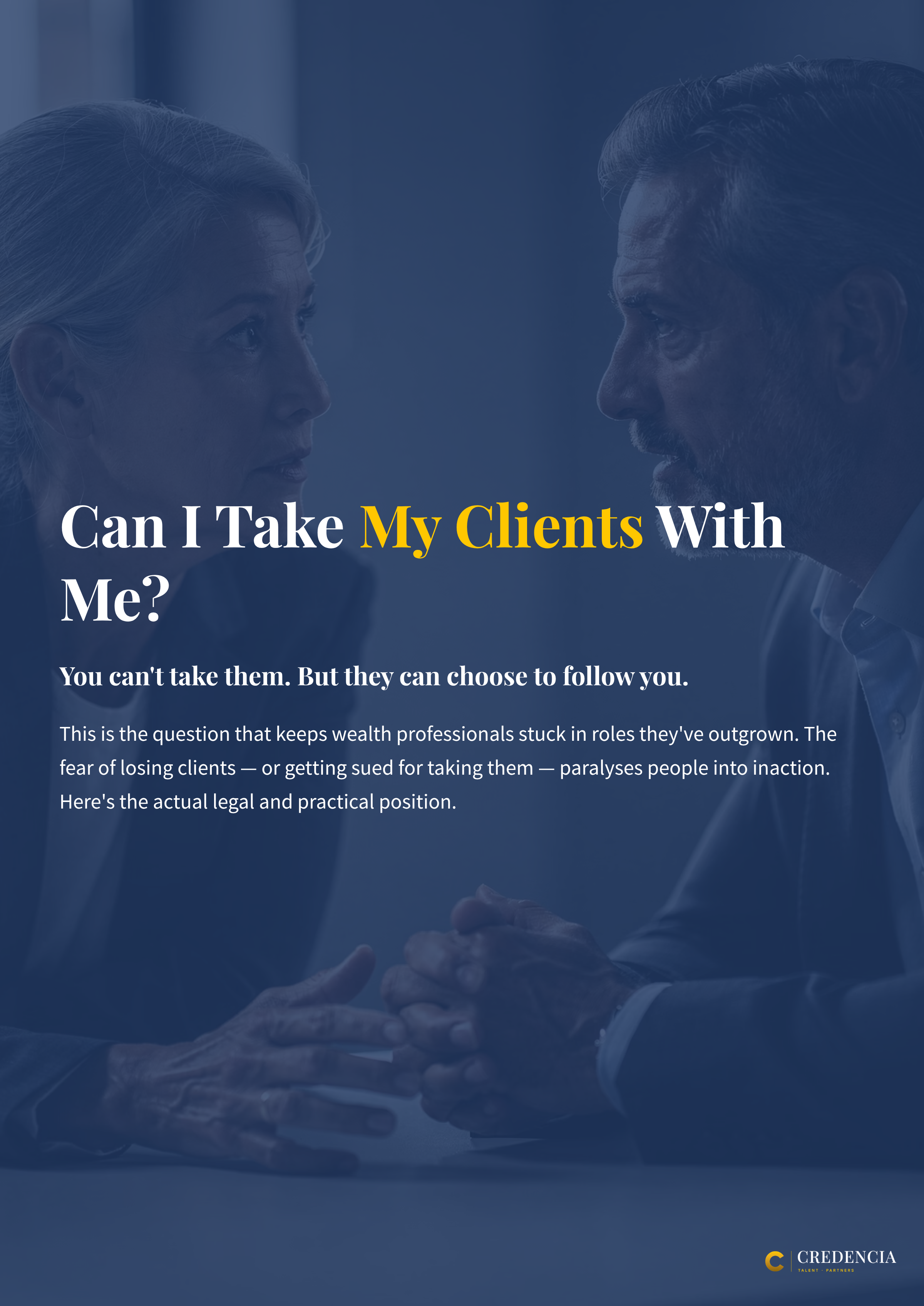 Two professionals, a woman and a man, facing each other and holding hands, in a serious conversation. The woman has blonde hair and the man has gray hair and a beard. The Credencia logo is in the bottom right corner.