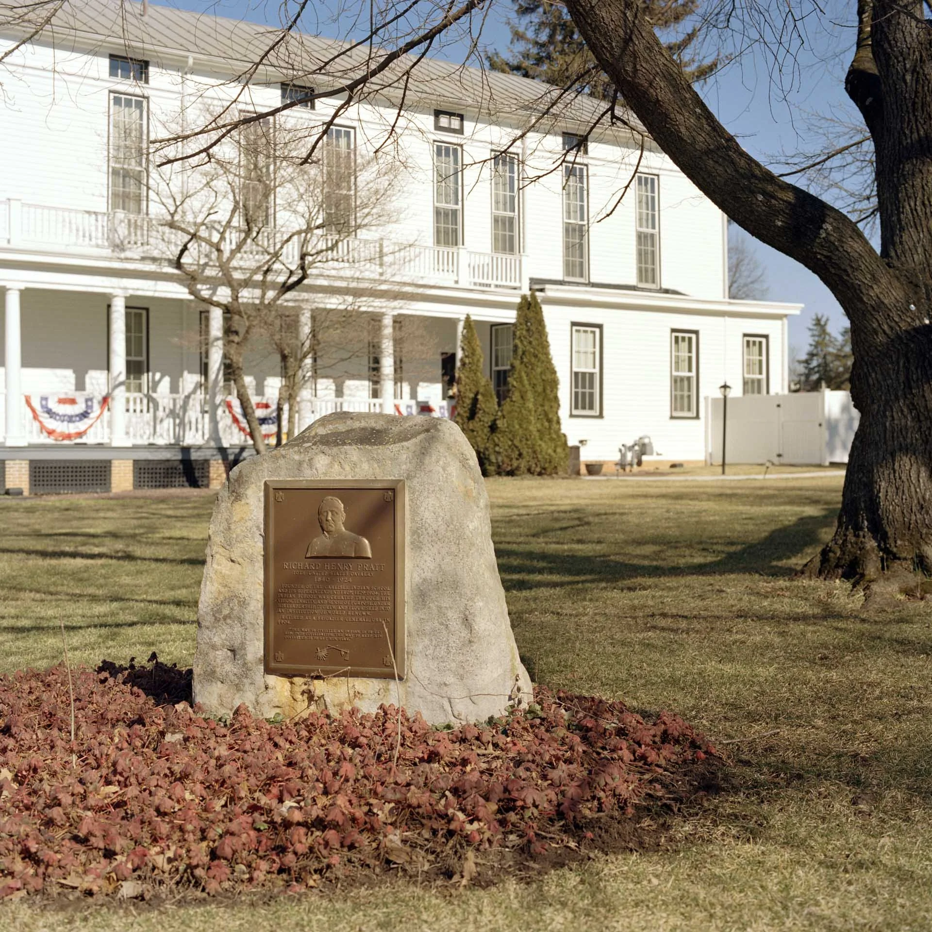 A plaque in memory of Brigadier-General Richard Henry Pratt, who founded Carlisle Indian Industrial School in Pennsylvania in 1879.