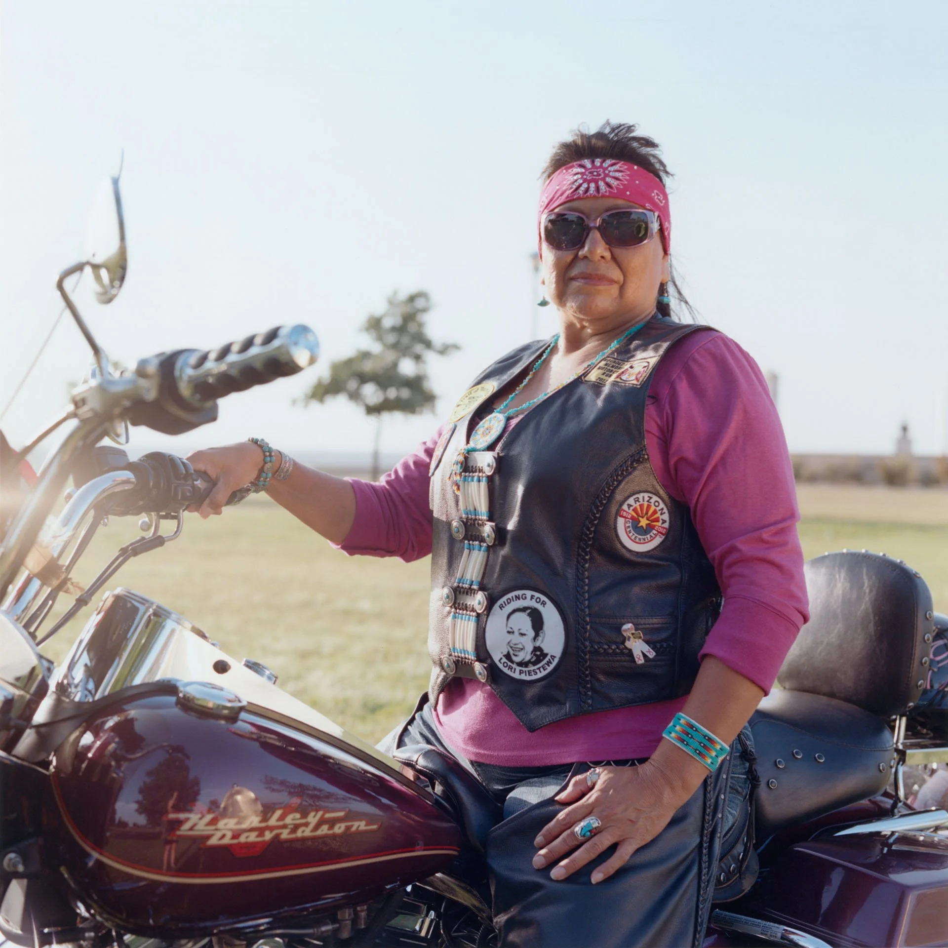 Henrietta, a Lakota woman from the Pine Ridge Indian Reservation, rides her modern-day horse, a Harley Davidson named “Thunder”.  At age 51 years old, she decided to fulfill a life-long dream of riding motorcycle.  Today, she participates in long-dis