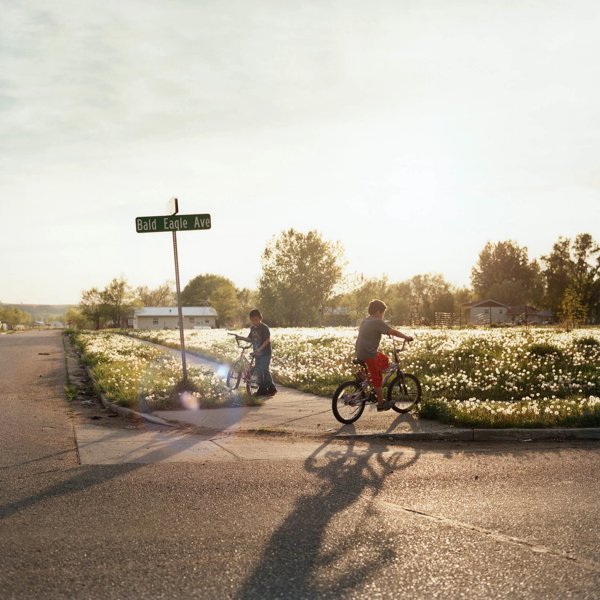 Kids play with their bikes at sunset in Fort Yates, Standing Rock Indian reservation.