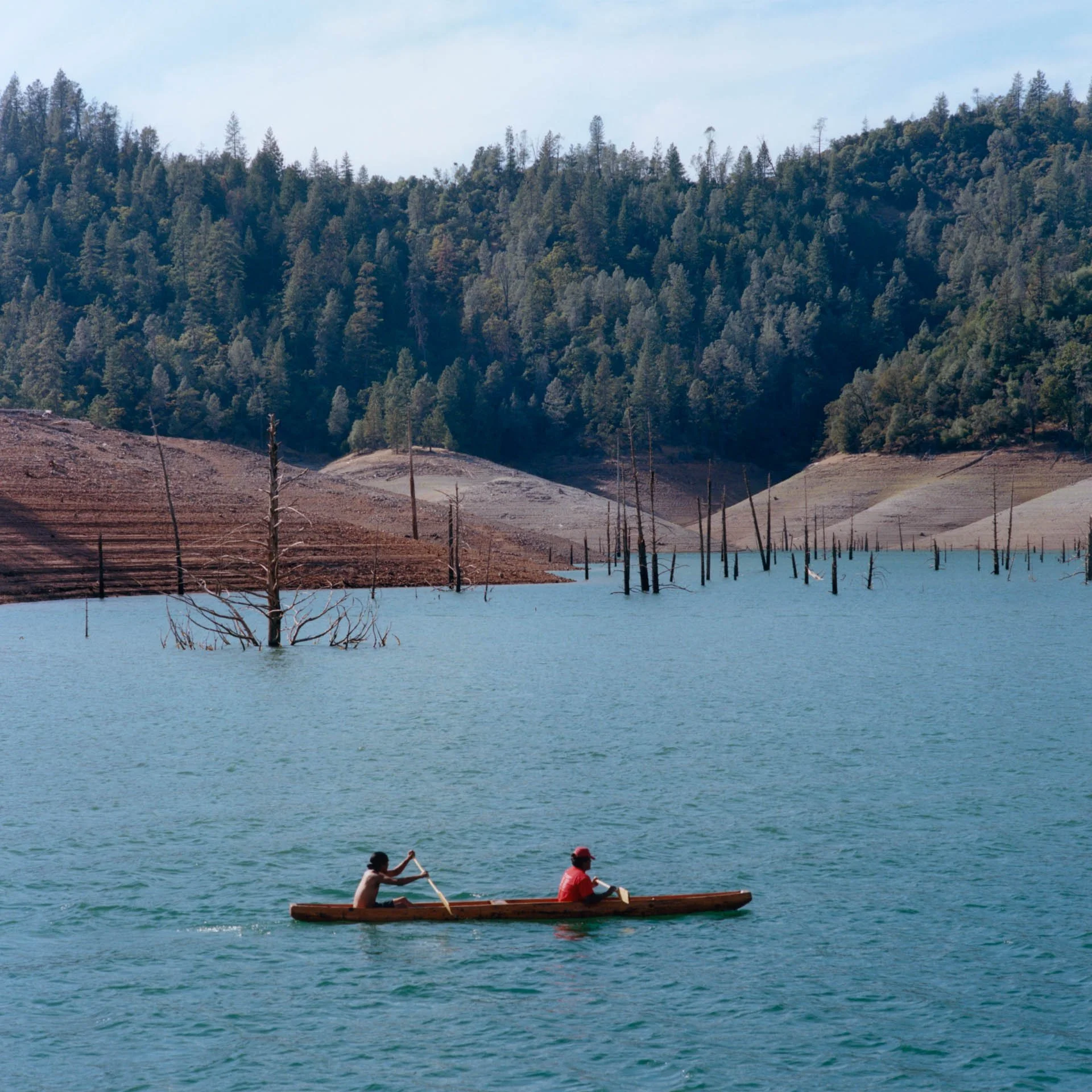 Nick and Elijah are paddling up the Sacramento River in a hand carved dugout canoe. This was a 20-mile boat segment which is part of the overall 375-mile journey that takes two weeks to complete.