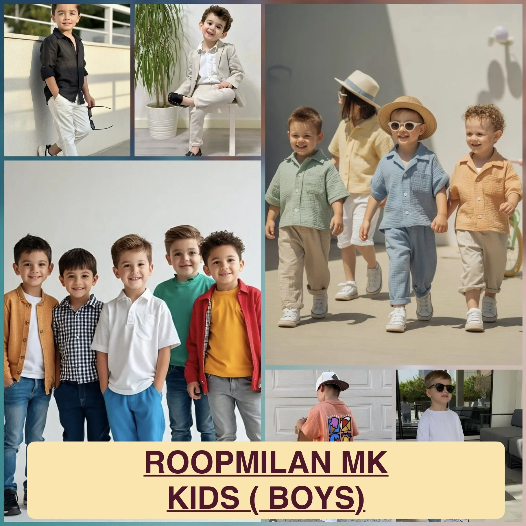 Collage of children: two individual photos of boys dressed in stylish outfits, a group of boys in casual clothes walking outside, and a boy with sunglasses and a hat standing near a house. Text overlay: 'ROOPMILAN MK KIDS (BOYS)'.