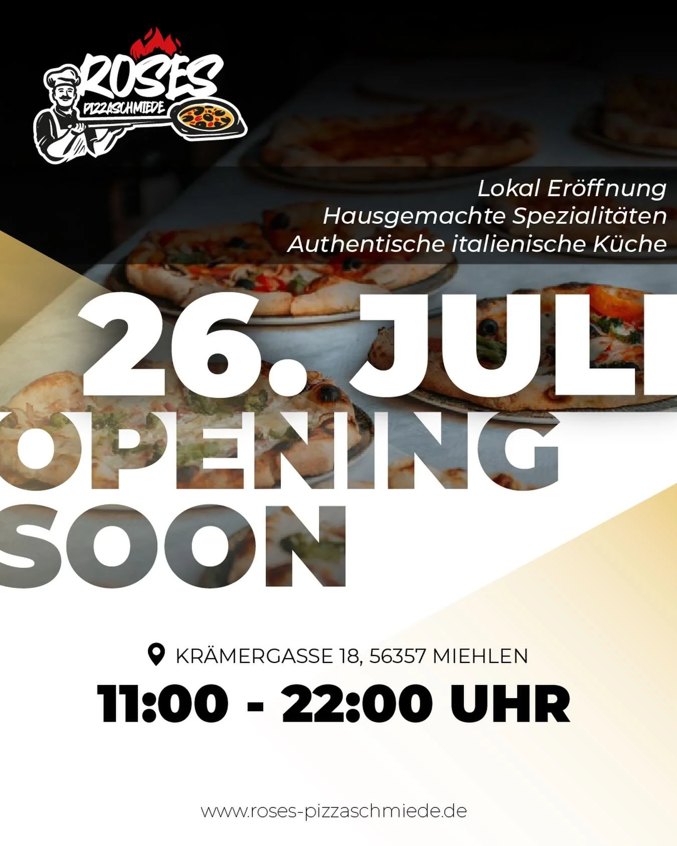NEWS | Wir er&ouml;ffnen! 🎉

Am 26. Juli ist es endlich soweit &ndash; Roses Pizzaschmiede &ouml;ffnet ihre T&uuml;ren in Miehlen! 🍕

Freut euch auf:
🔸 Hausgemachte Spezialit&auml;ten
🔸 Authentische italienische K&uuml;che
🔸 Frische Zutaten &amp