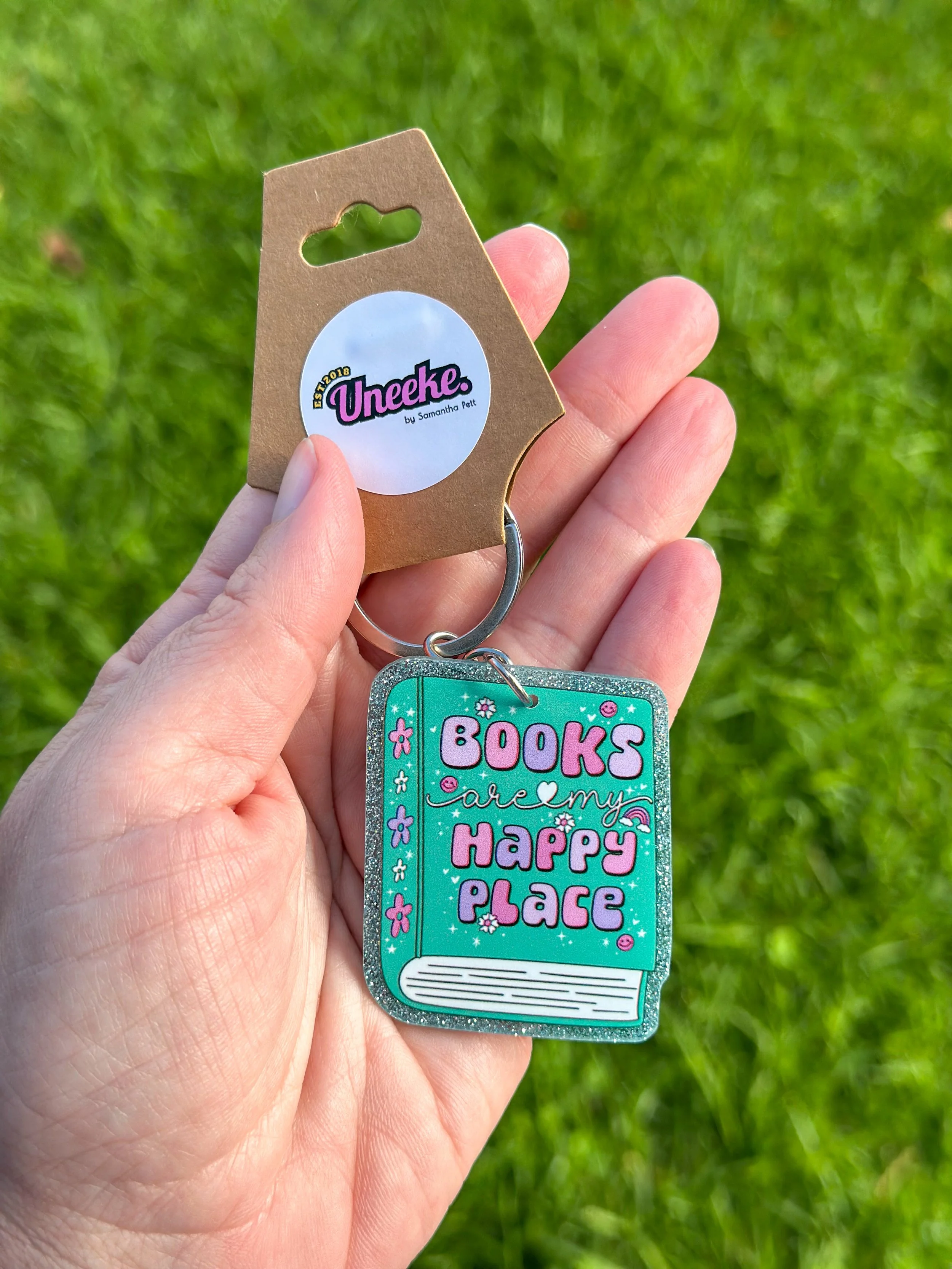 'Books Are My Happy Place'  Teal Glitter Keyring