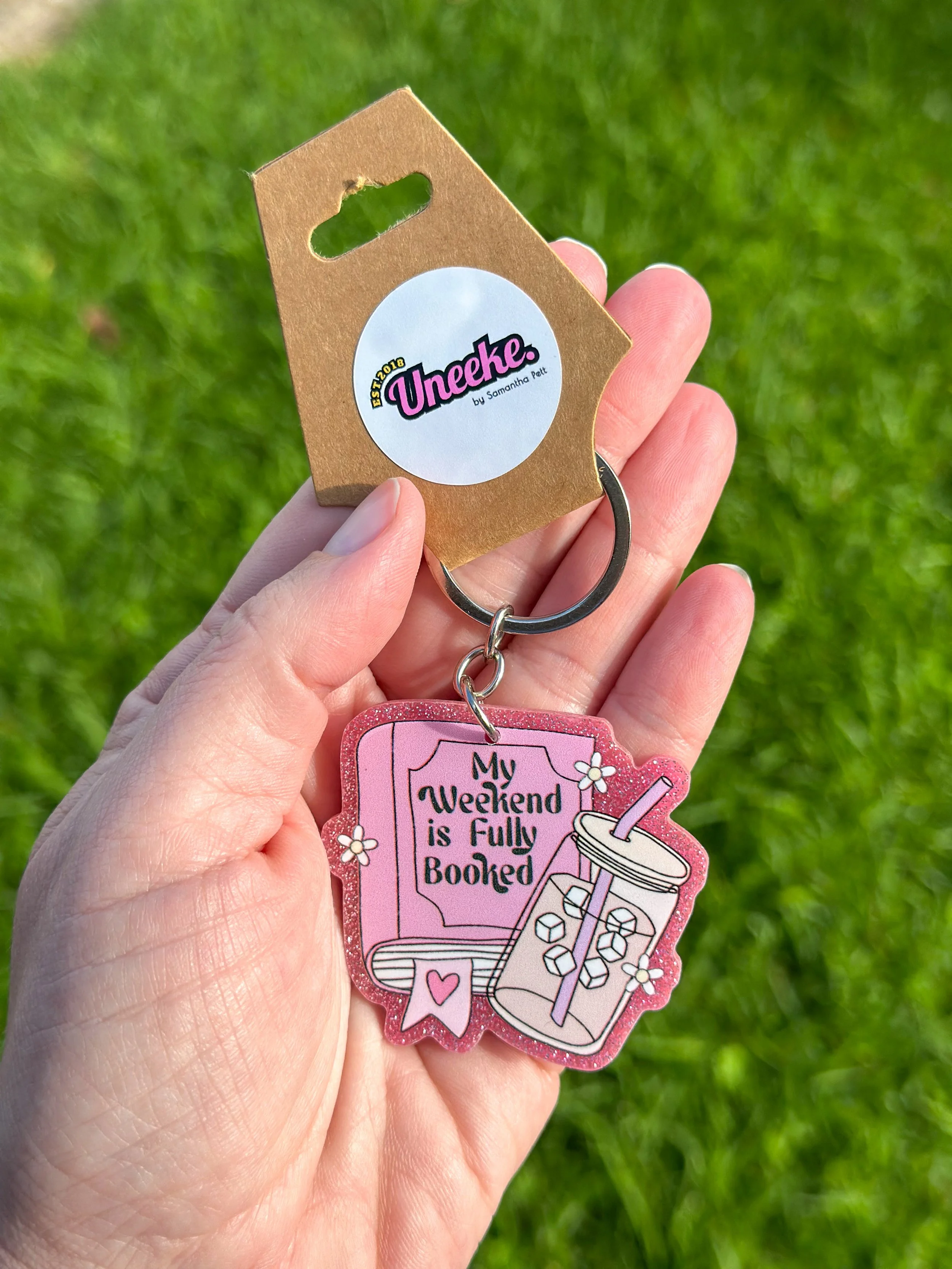 'Weekend is Fully Booked' Pink Glittery Keyring