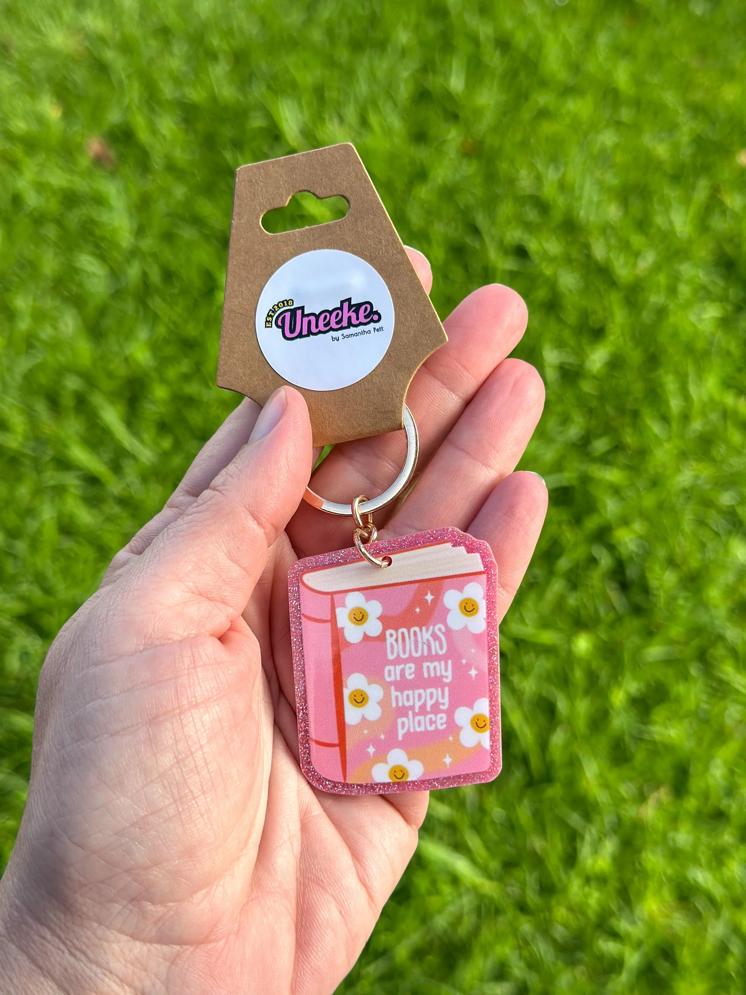 'Books Are My Happy Place' Pink Glitter Keyring