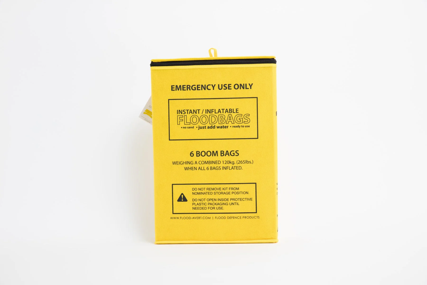 Yellow emergency inflatable foodbag kit with black text, showing instructions and warnings.