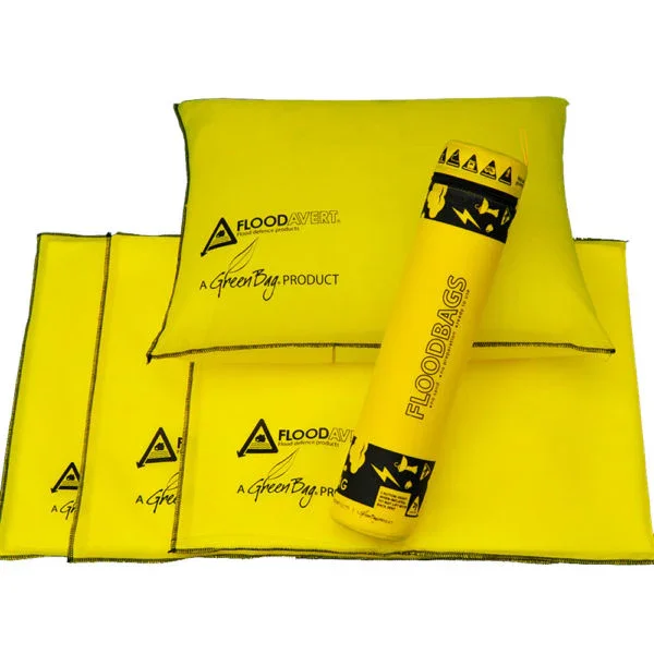 Set of yellow flood bags, including three folded bags, a rolled bag, and a pillow-shaped bag, all labeled with flood safety warnings and branding from FloodBags and GreenBug Products.
