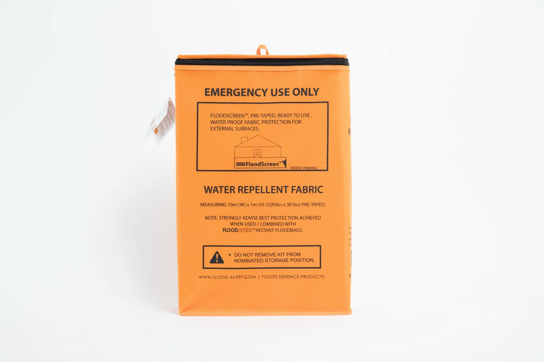 Orange emergency flood protection kit with black zipper, labeled for waterproof fabric protection for external surfaces, measuring 10 meters by 1 meter.