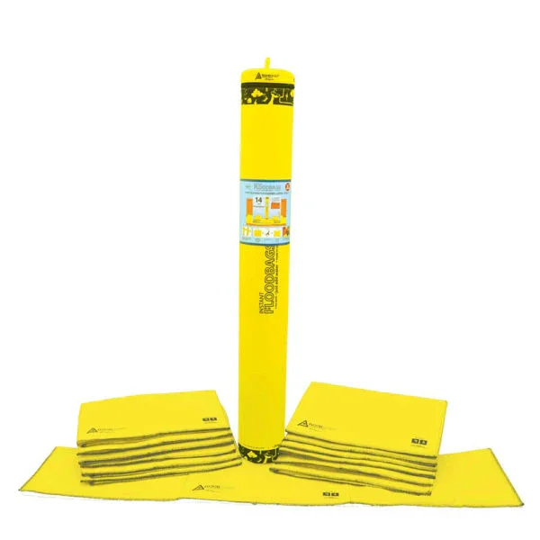 A set of Yellow and black flood barriers, including a tall yellow barrier tube and folded yellow barrier panels.