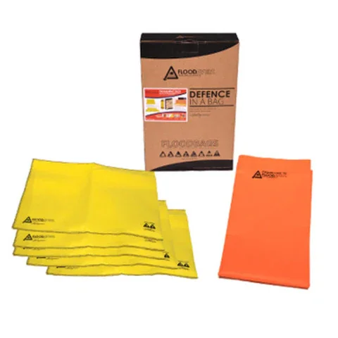 Set of yellow and orange flood safety blankets with a box labeled 'Defence in a Bag'.