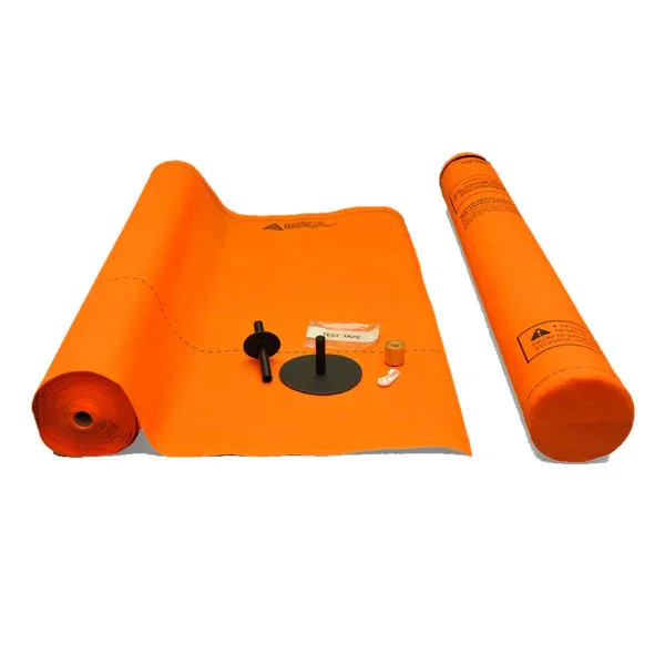 An orange roll-up safety barrier tarp with accessories, including a black suction cup, a small tube of adhesive, a small rubber ring, and a small white pad, on a white background.