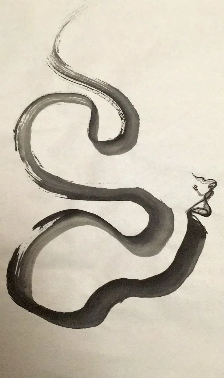 A black ink drawing of a snake with a person riding on its back, holding a small leaf.