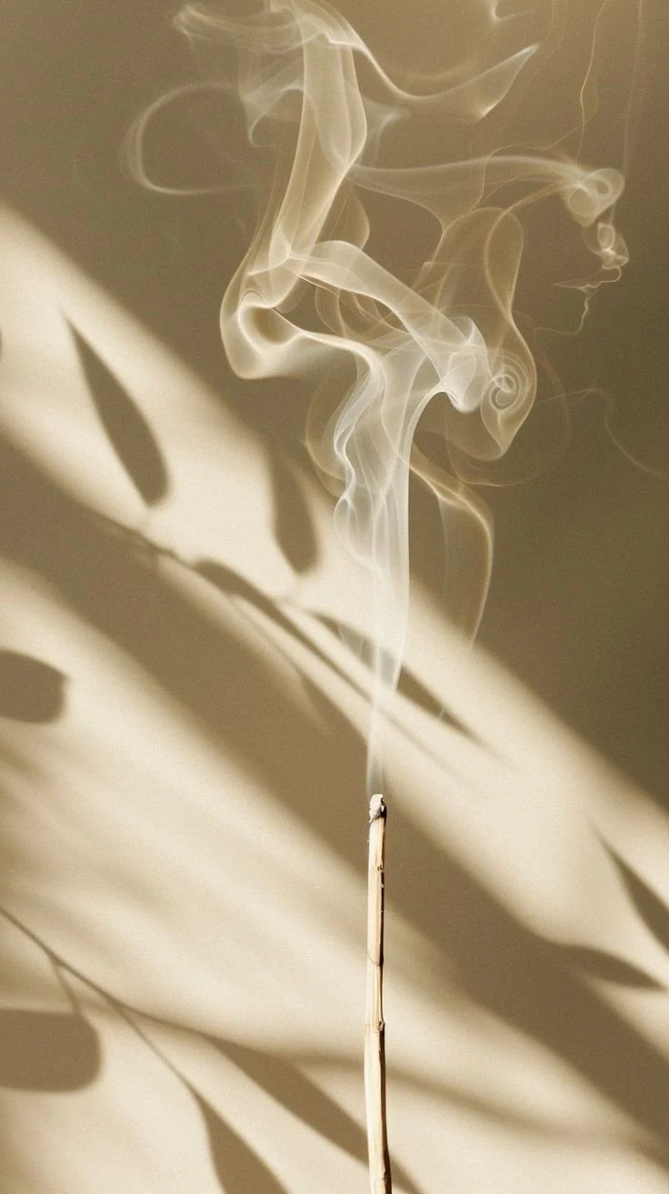 A lit incense stick producing wispy smoke with shadows cast on a plain beige wall.