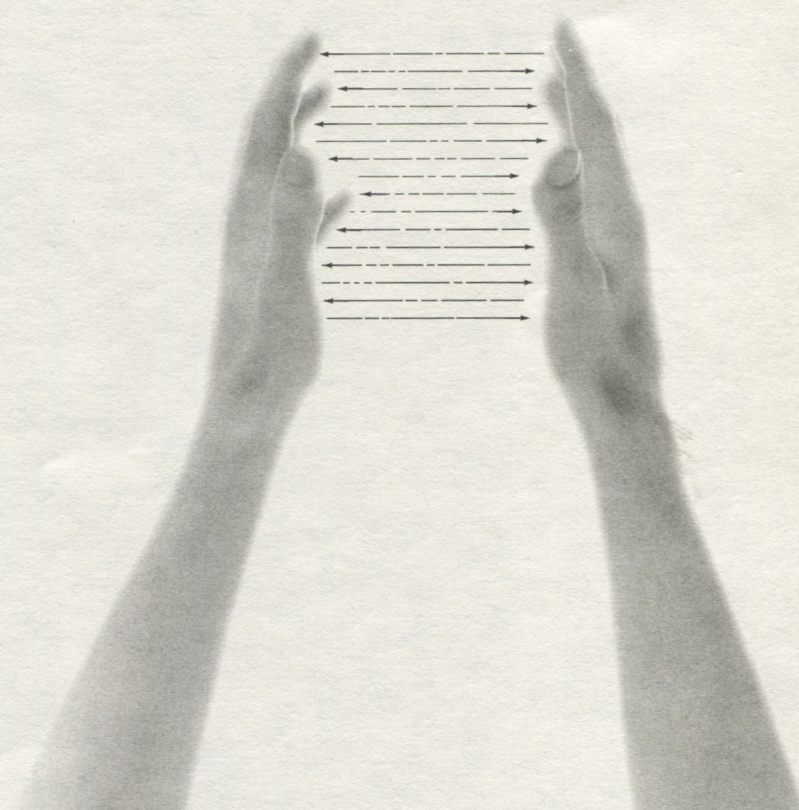 Shadow of two hands holding a sheet of paper with horizontal lines and arrows, creating an illusion of a picture within a picture.