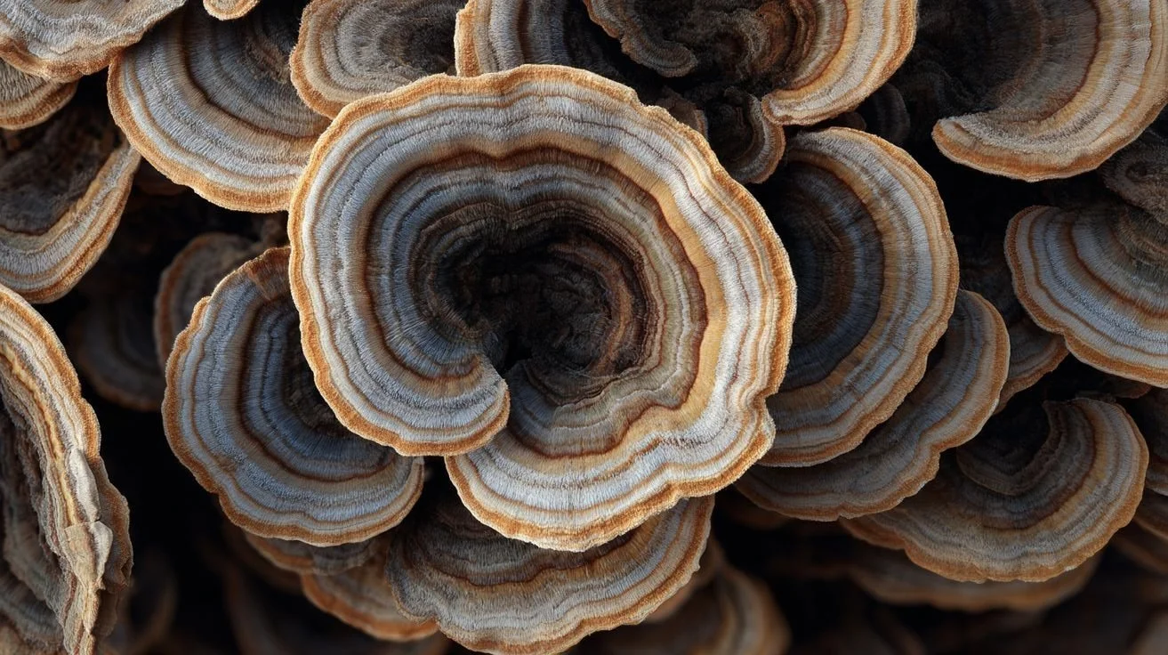 Close-up of shelf fungi with concentric rings in shades of brown, tan, and cream.