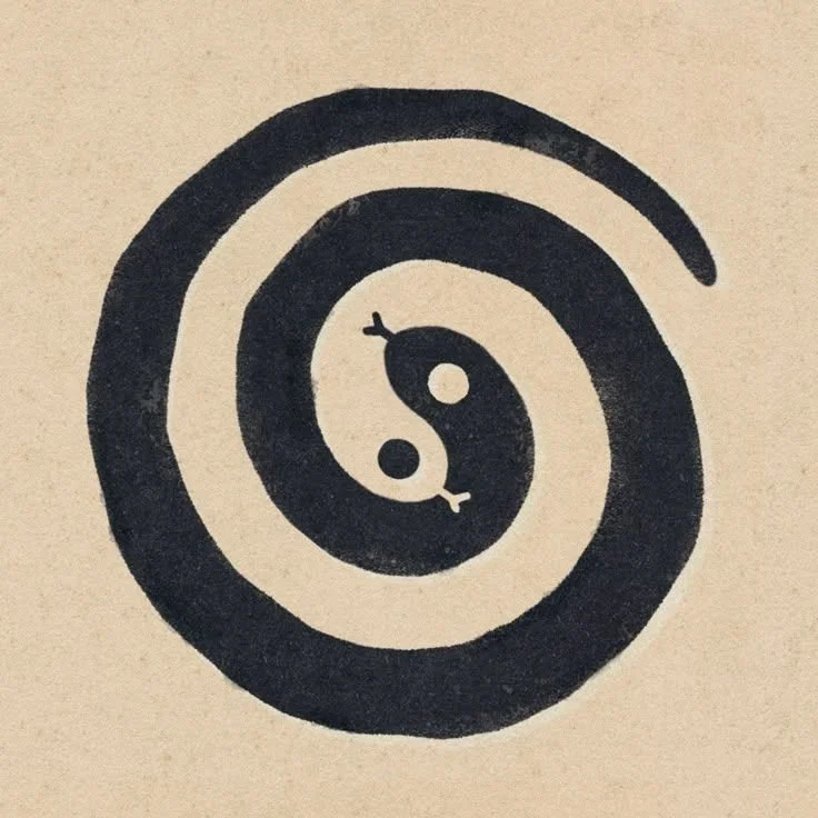 Black and white yin-yang symbol with a stylized spiral surrounding it.