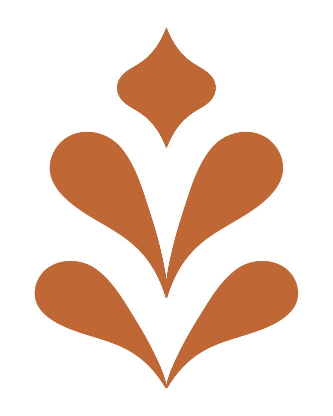 Stylized abstract plant or feather design in brown on black background.