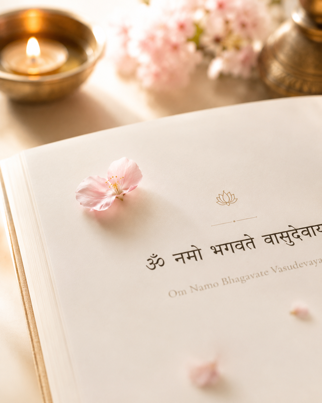 Open book with Saraswati mantras and a pink flower petal resting on it, decorated with candles and flowers in the background, suggesting a spiritual or devotional setting.