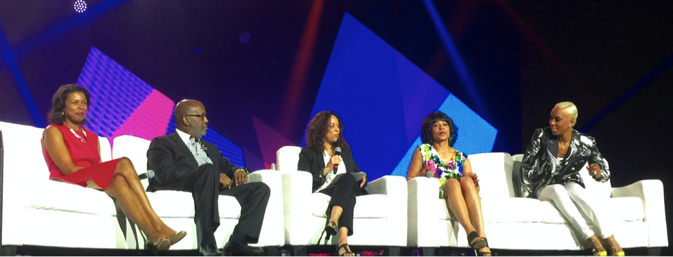 Pamela Carlton (left) on the 2016 Essence Festival panel, "Leading with Purpose," unveiling the Black Women Executive Research Revisited report with other panelists (Bernard Tyson, Chairman and CEO of Kaiser Permanente, Ellen McGirt, panel moderator…