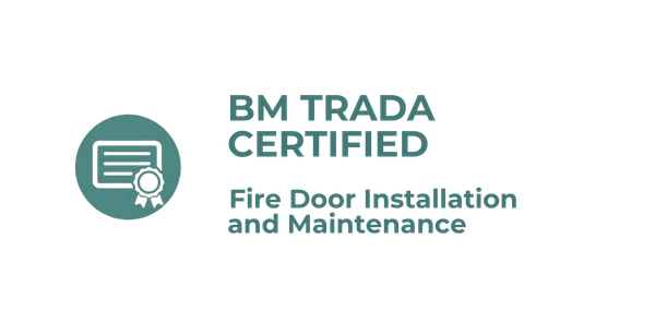 Logo for BM Trada Certified Fire Door Installation and Maintenance, featuring a chat bubble with a check mark.