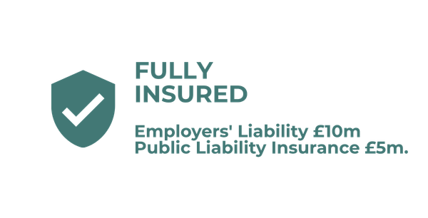 Full color logo with shield icon and check mark, with text indicating fully insured for employer's liability, public liability insurance, and coverage amounts of £10 million and £5 million.