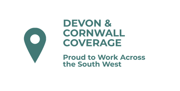 Text that reads 'Devon & Cornwall Coverage. Proud to work across the South West' with a location pin icon.