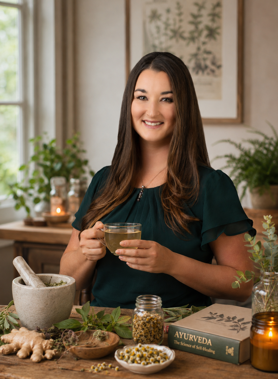 A woman with long brown hair smiling and holding a cup of digestive herbal tea in a cozy room with plants, herbs, and Ayurvedic books.