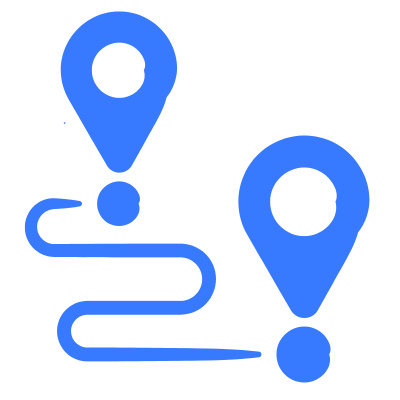 Two large blue map location markers connected by a curved line, indicating a route or path.