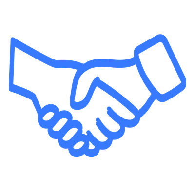 A simple blue outline icon of a handshake.