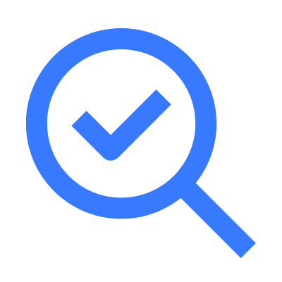 Magnifying glass with a checkmark inside.