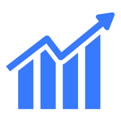 Blue upward-trending line graph with bars and arrow
