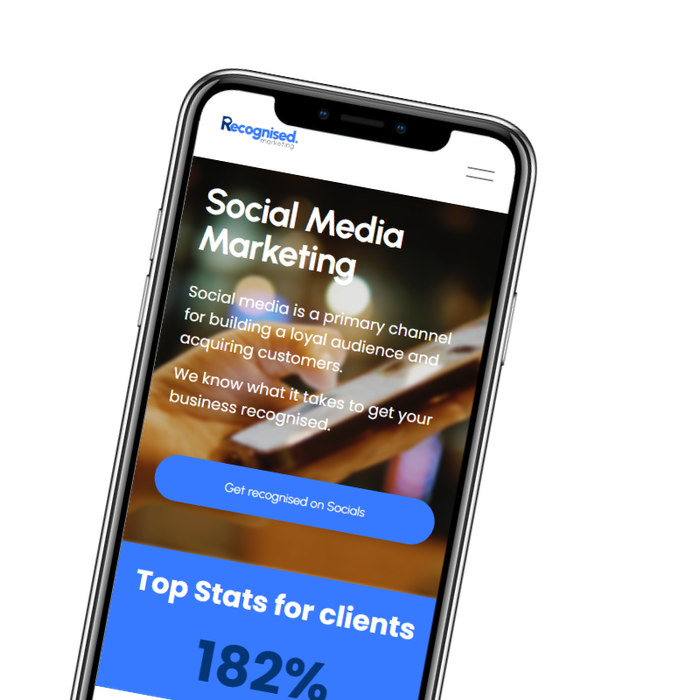 Image of a mobile phone with the Recognised Marketing website on it showcasing the importance of branding on websites
