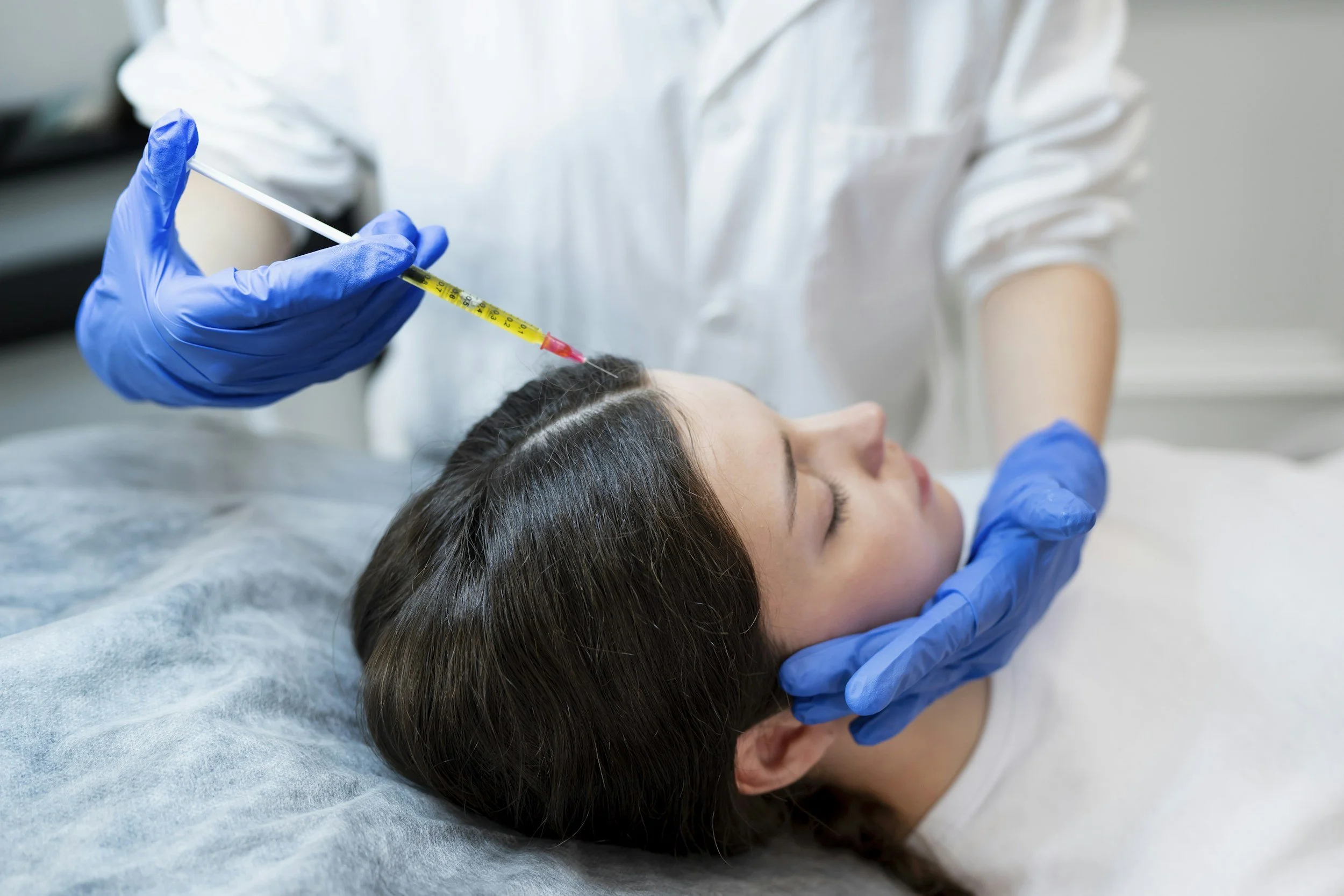 A healthcare professional wearing blue gloves administering an injection to a young woman's forehead while she faces upward with eyes closed.