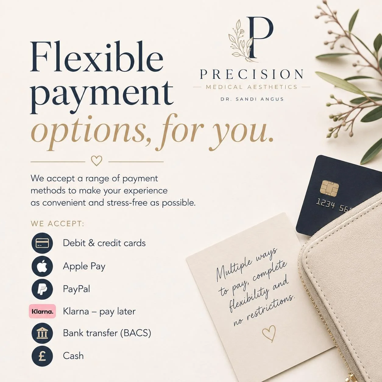 💳 Flexible payment options, so you can choose what works for you.

Did you know that at Precision Medical Aesthetics, we offer a range of payment methods to make your experience as convenient as possible?

We accept:
✨ Debit &amp; credit cards
✨ App