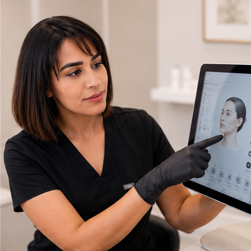 A woman wearing black scrubs and black gloves points to a face scan on a computer monitor.