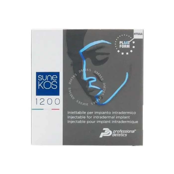 Package of Sunekos 1200 injectable for intradermal implant with illustration of a face and blue facial line.