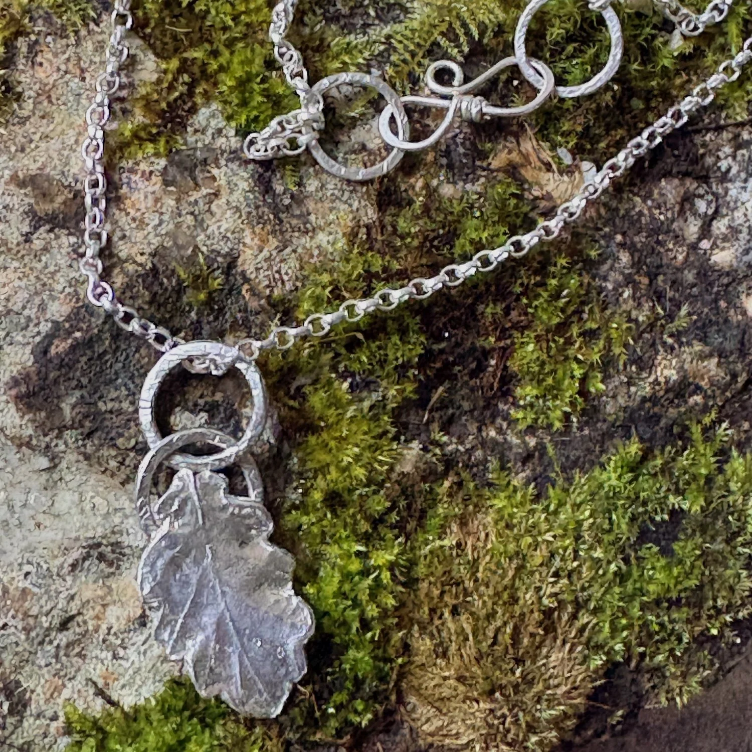 Aine 3 fine silver oak leaf pendant hammered rings.jpg