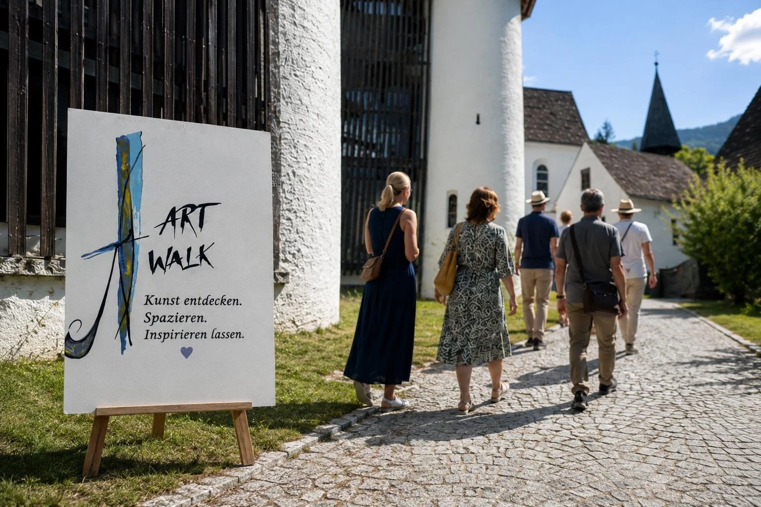 Gruppe von Menschen, die auf einem gepflasterten Weg im Gelände der Propstei St. Gerold unterwegs sind. Im Vordergrund steht ein Schild mit der Aufschrift 'ART WALK'. Es ist der Eintritt zum Gelände wo verschiedene Kunstwerke ausgestellt sind.