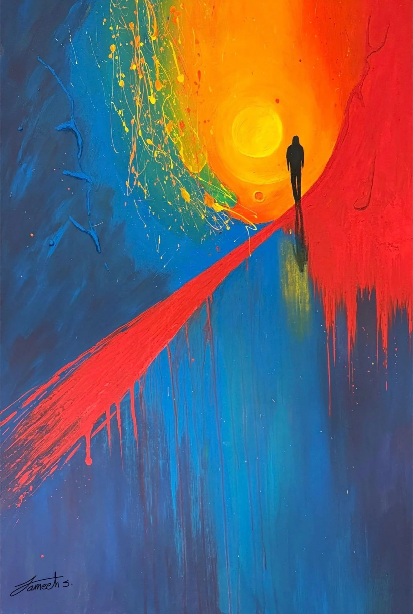 Ein farbenfrohes abstraktes Gemälde mit einem roten, blauen und gelben Hintergrund. Im Zentrum ist eine schwarze Silhouette einer Person vor einer Sonne, die im Himmel scheinen. Der Künstler ist Sameeh Zaky