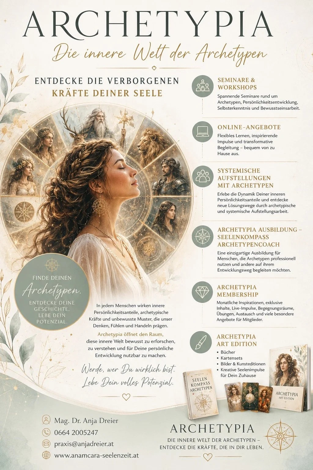 Flyer für einen Archetypia-Kurs mit einem Porträt einer Frau im Vordergrund und verschiedenen mystischen und archetypischen Figuren im Hintergrund, begleitet von Informationen zu Seminaren, Workshops und Kursangeboten.