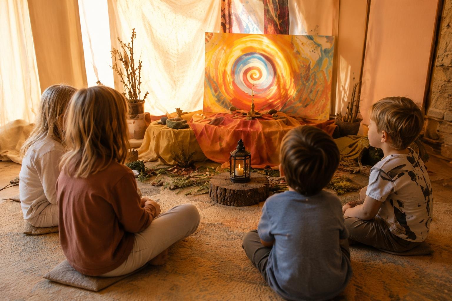 Vier Kinder sitzen im Kreis auf Matten vor einem Aufbau mit einer spiralförmigen Malerei, Kerzen, Steinen und Pflanzen, in einem gemütlichen Raum mit warmem Licht. Sie sind beim Kinderprogramm der Veranstaltung des Verlags Anima Mundi.
