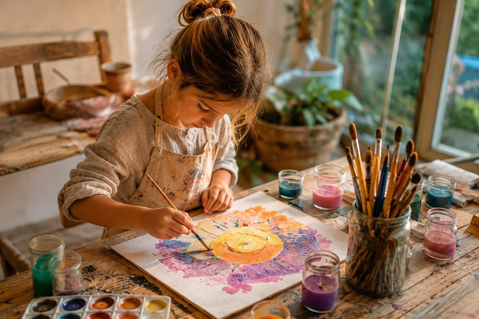 Ein junges Mädchen beim Malen mit Wasserfarben auf Papier, umgeben von Farbgefäßen und Pinseln in einem hellen, gemütlichen Raum neben einem Fenster. Sie ist beim Erlebnistag In St. Gerold beim Kinderprogramm.