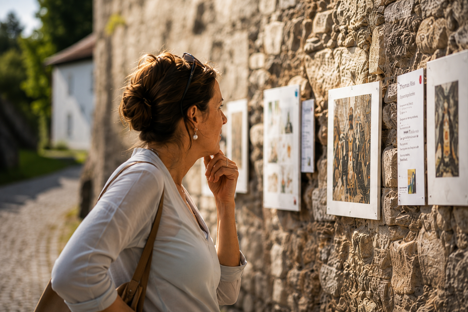 Frau betrachtet ausgestellte Bilder an einer Steinmauer im Freien. Sie ist beim Kunst Erlebnistag in St. Gerold.