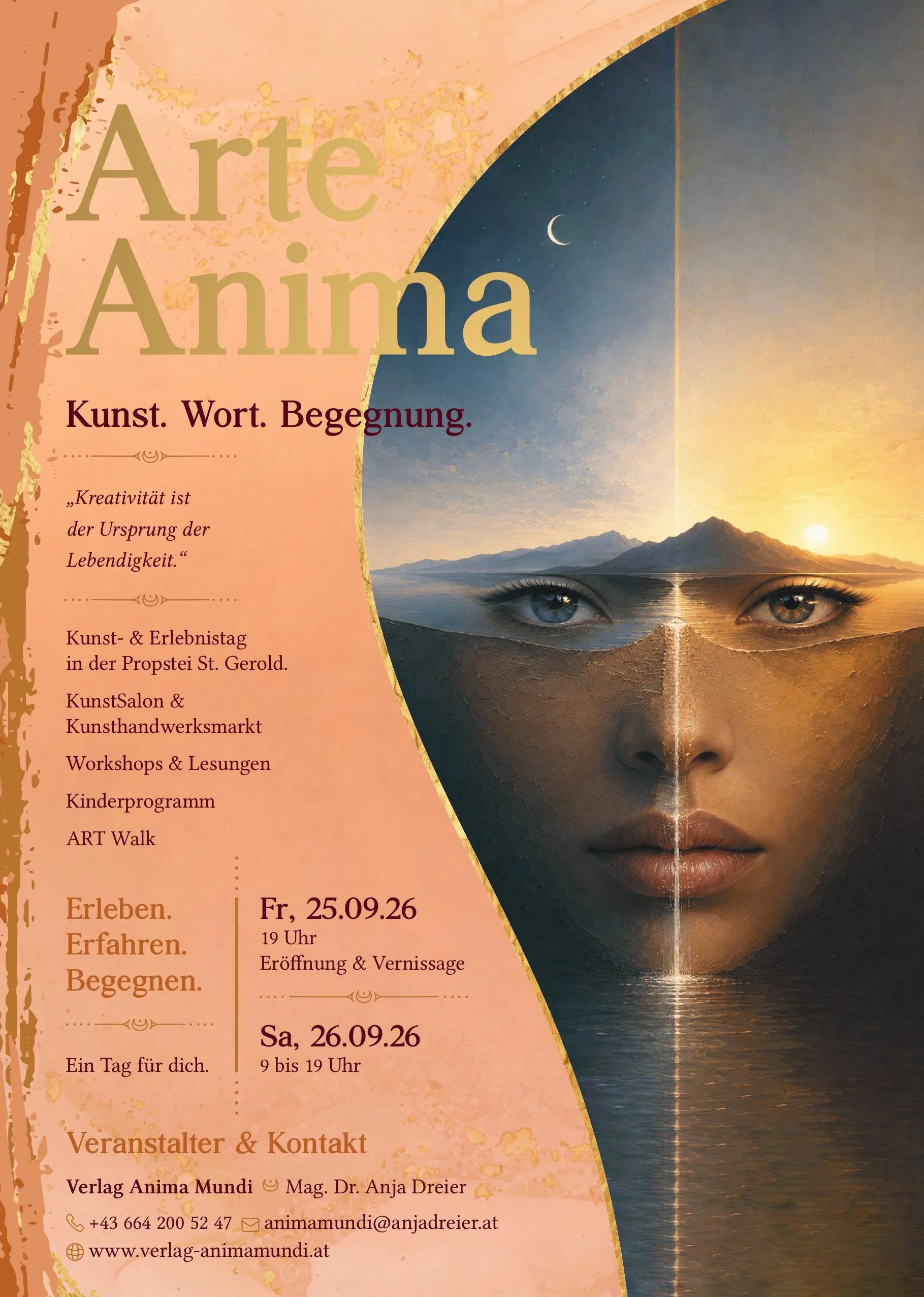 Ein Plakat für eine Kunstausstellung, Erlebnistag mit dem Titel "Arte Anima". Das Plakat zeigt eine künstlerische Darstellung eines menschlichen Gesichts, das in eine Landschaft mit Wasser und Bergen eingebettet ist, mit Mond und Sternen am Himmel.